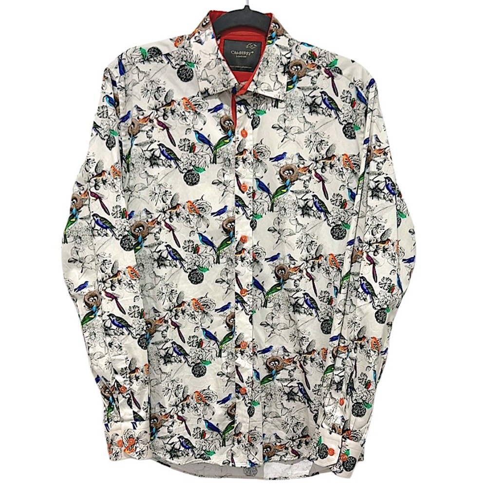 Camberry London Early Bird Button Down Shirt VTG Mens M Flip Cuff Birds Floral